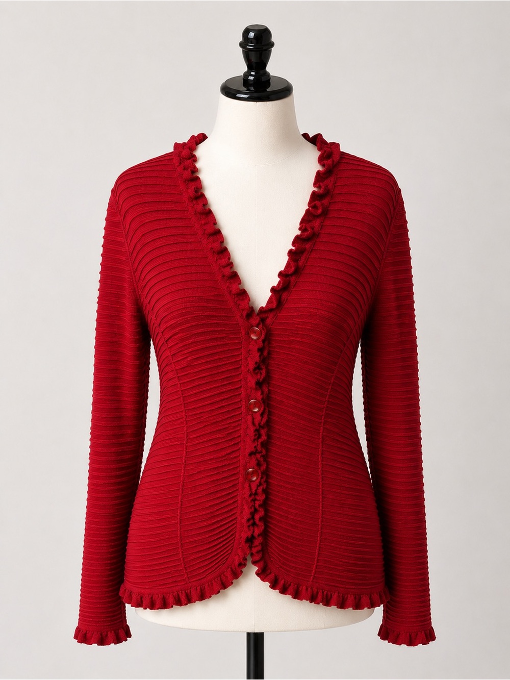 Armani Collezioni Women’s Red Ribbed Ruffle Cardigan 3 Button Made Italy L
